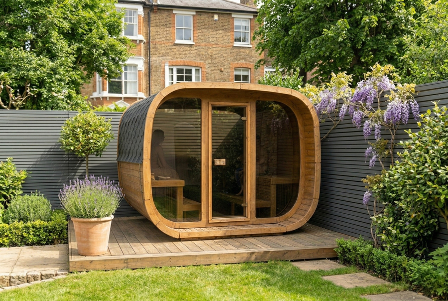 Sauna extérieur Cube dans un jardin agrémenté de plantes et d'une terrasse.