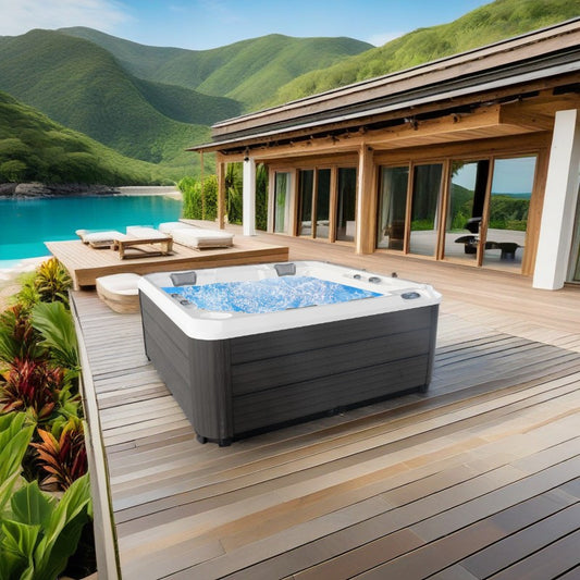 Jacuzzi Exterior Hydra 215 em deck com vista para montanhas.