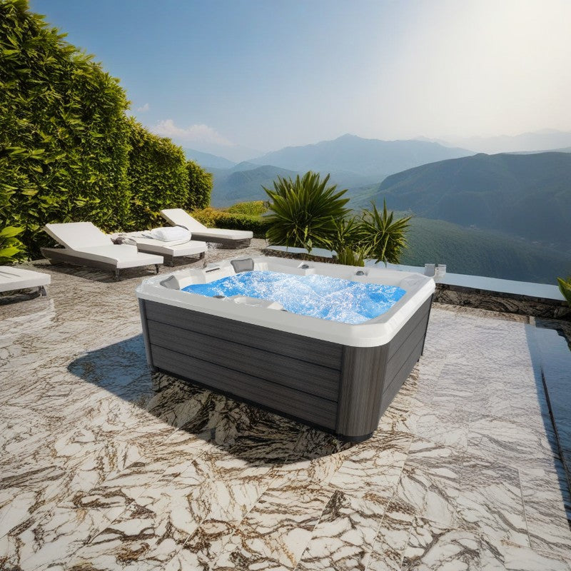 Jacuzzi Hydra 170 em pátio com vista para montanhas.