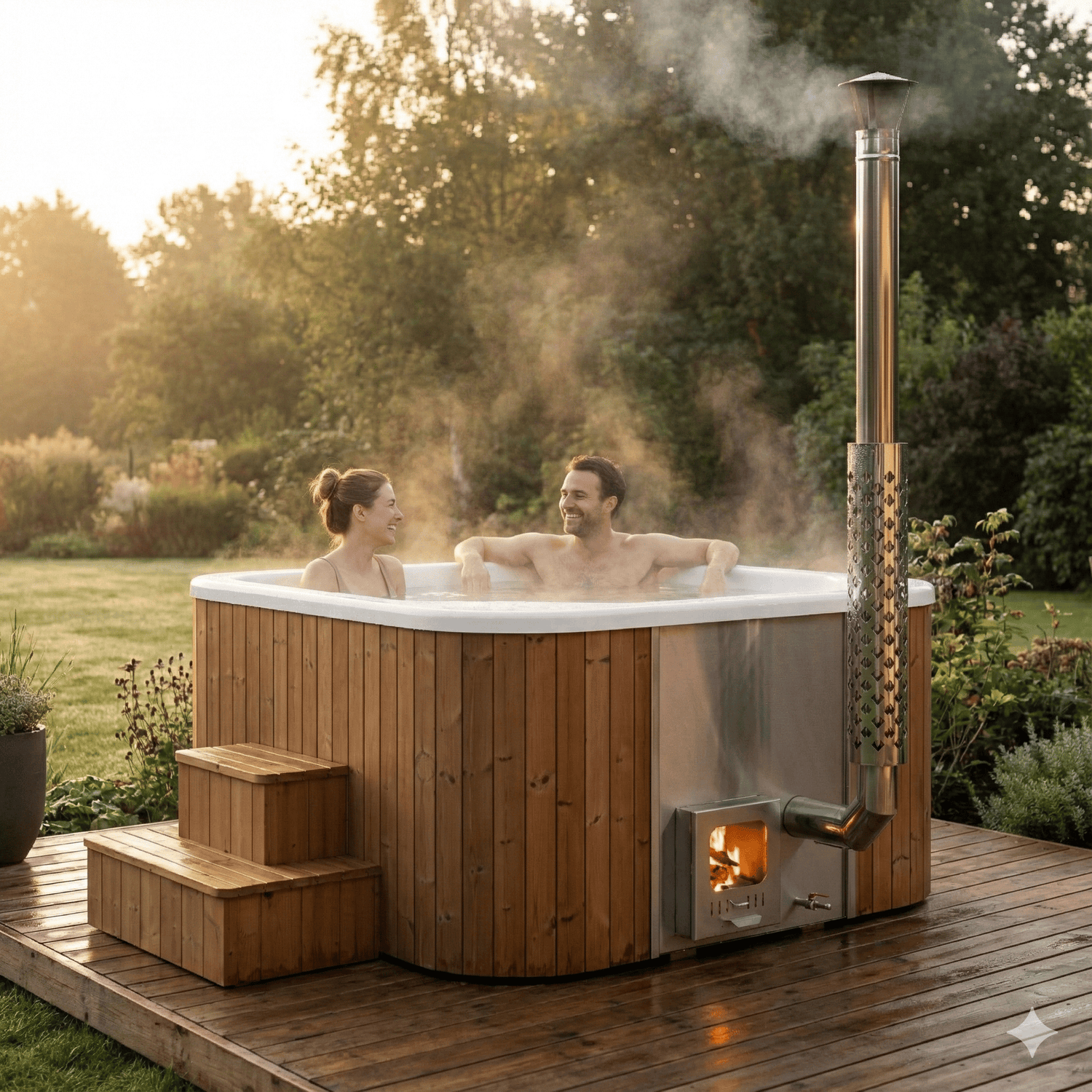 Wooden bathtub Test product with wood-burning stove.