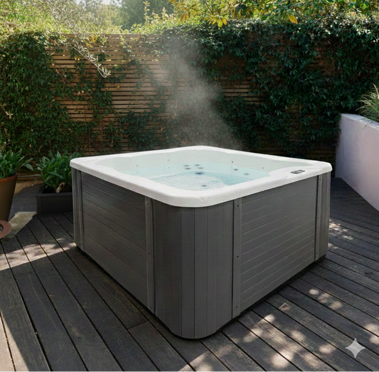 Spa esterna Vellamo L su terrazza con giardino.