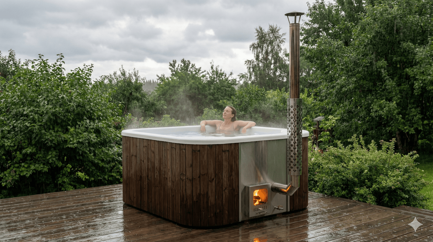 Test product bathtub with wood stove, relaxing scene.