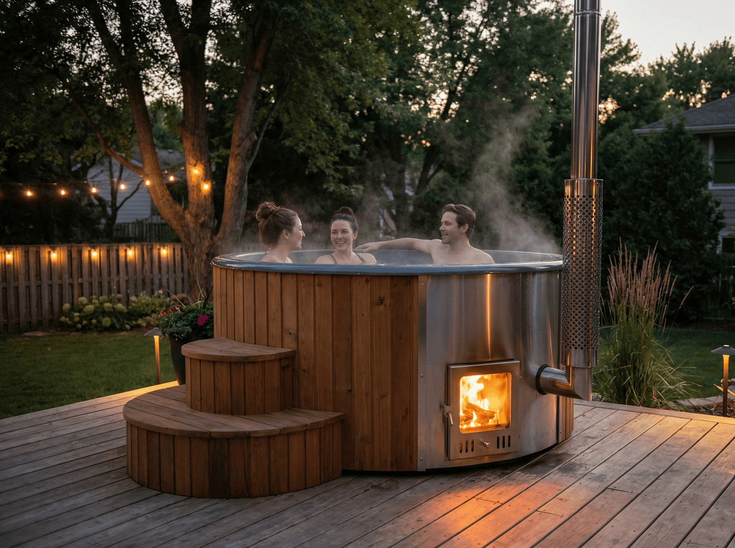 Wooden bathtub Test product with stove lit.