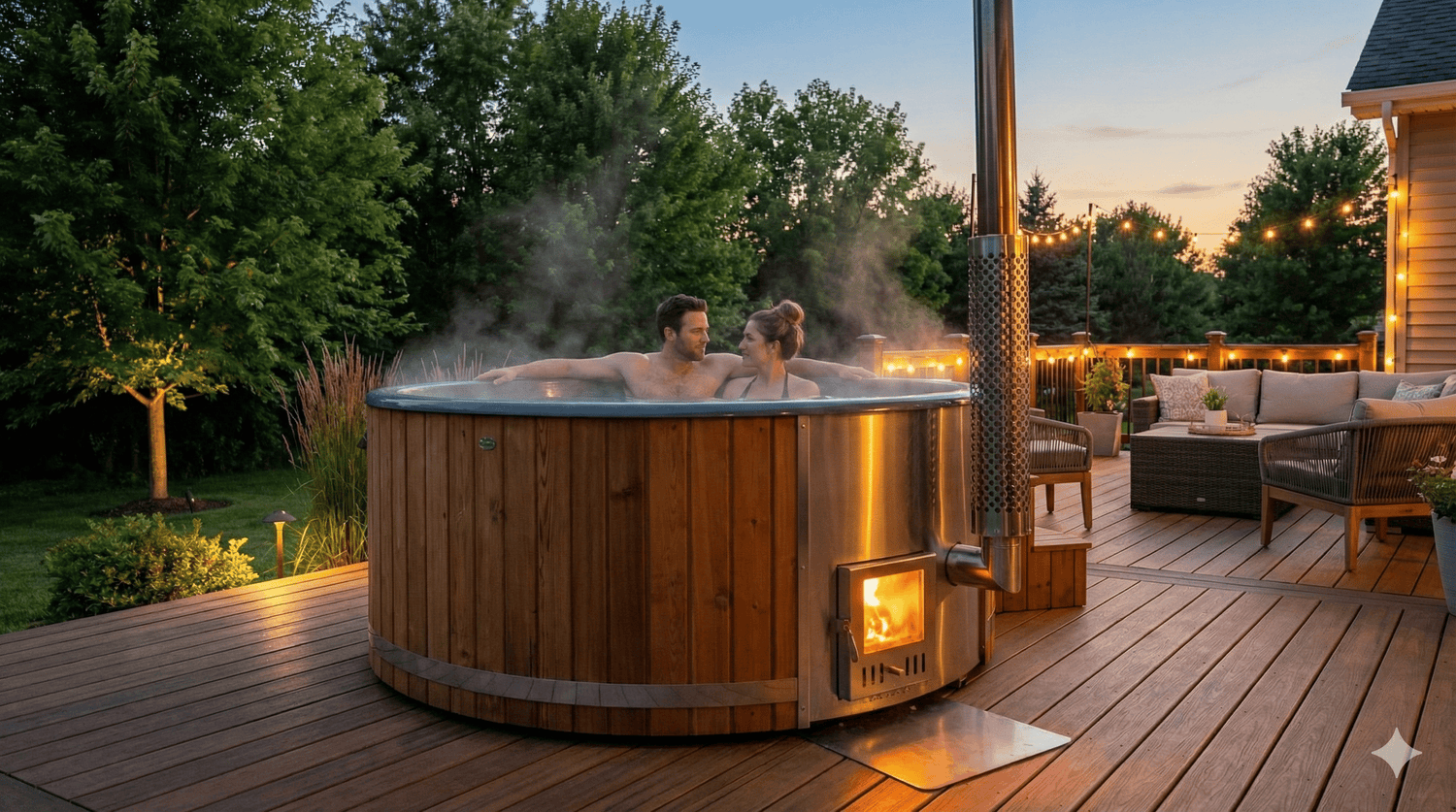 Wooden bathtub Test product with wood-burning stove on the deck.