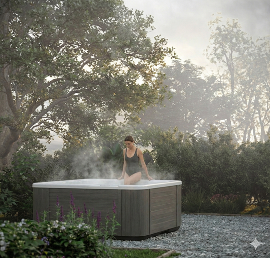 Vellamo L Outdoor Spa at dawn with a woman entering.