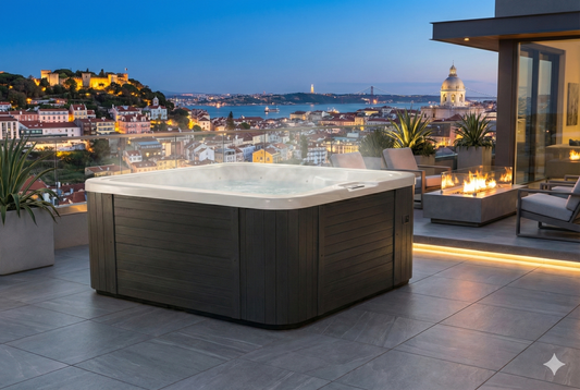 Vellamo S Outdoor Spa on a modern terrace with urban views.