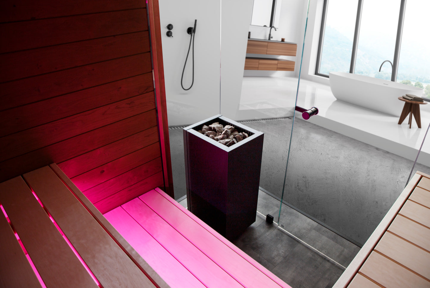 Sauna Block Harvia em banheiro moderno com banco rosa e banheira.