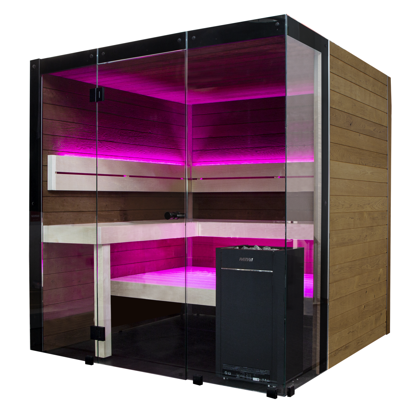 Sauna Block de vidro e madeira com luzes LED rosas.