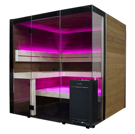 Sauna Block de vidro e madeira com luzes LED rosas.