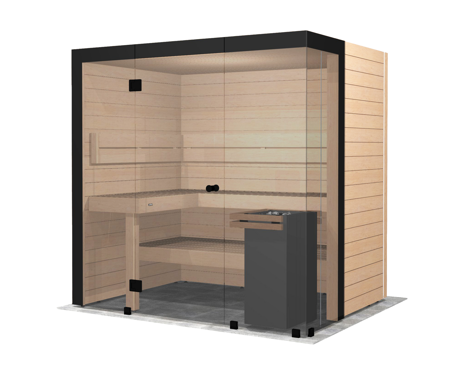 Sauna Block, cabine de sauna com portas de vidro.