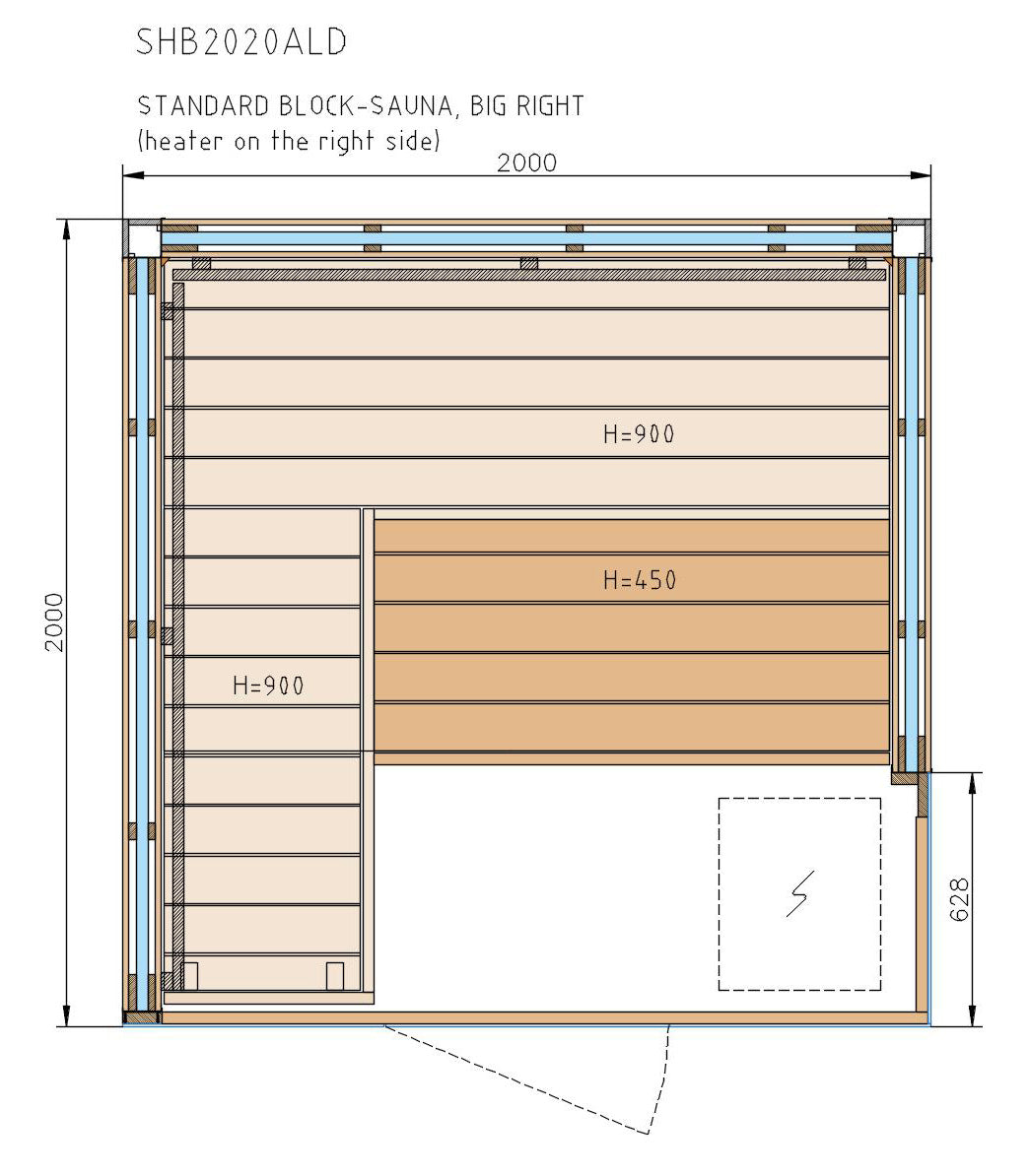 Desenho da cabine de sauna Harvia Block