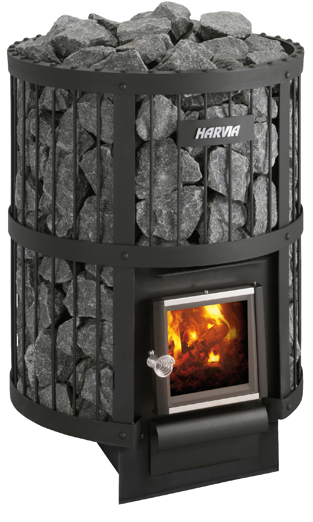 Aquecedor a lenha - Harvia Legend 240 com pedras e chamas visíveis.