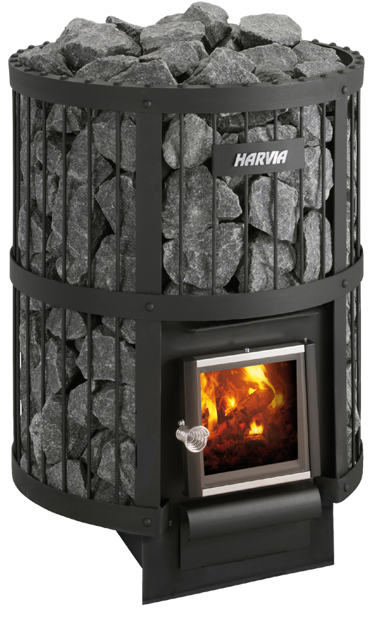 Aquecedor a lenha - Harvia Legend 240 com pedras e chamas visíveis.