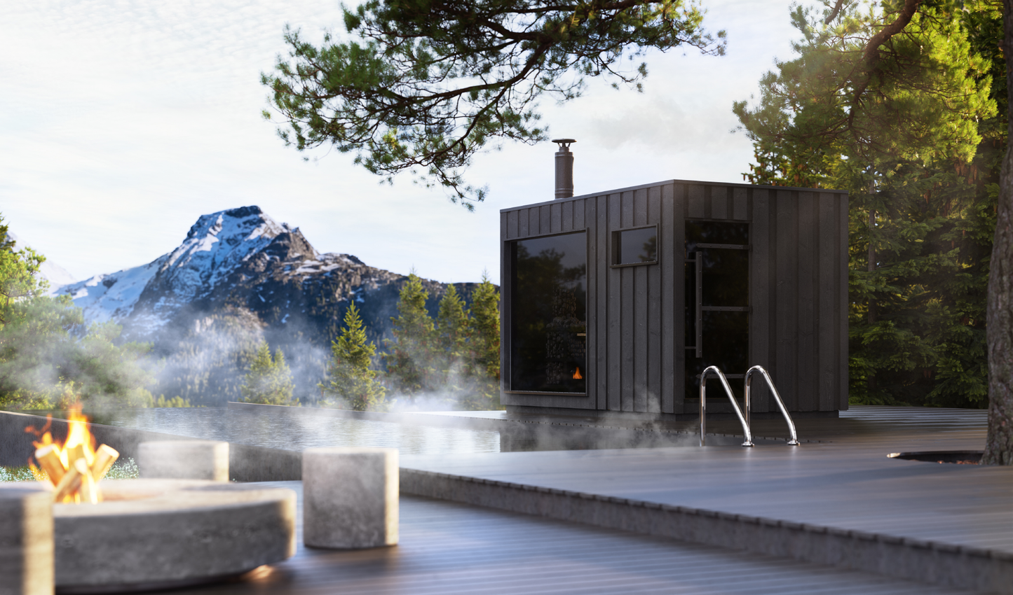 Sauna Legend com janela panorâmica e vista para montanhas.