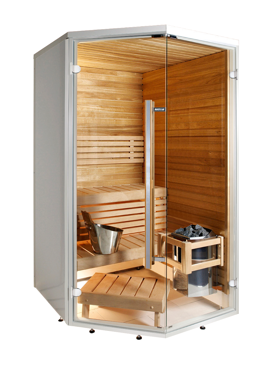 Sauna Sirius Corner com balde e pedras.