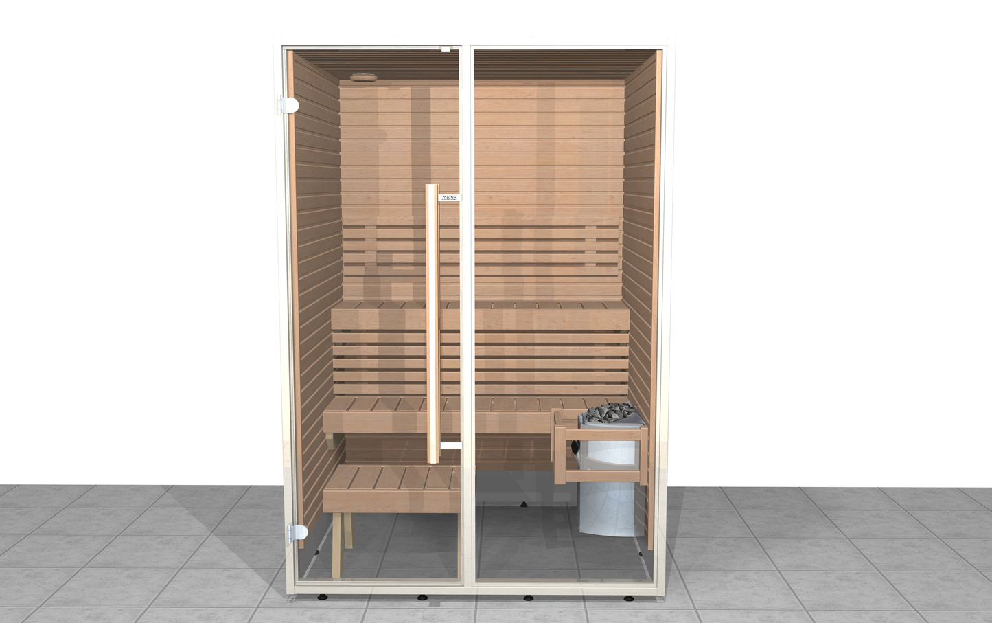 Sauna Sirius com portas de vidro e design moderno.