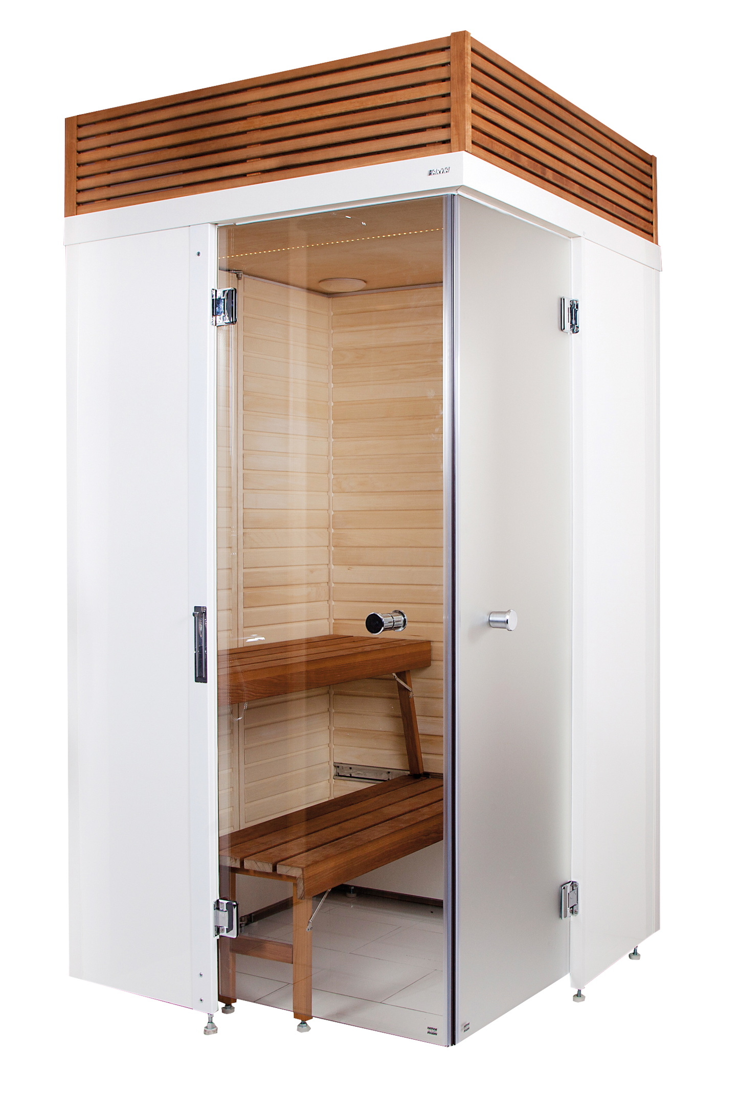 Sauna SmartFold com porta de vidro e banco de madeira.