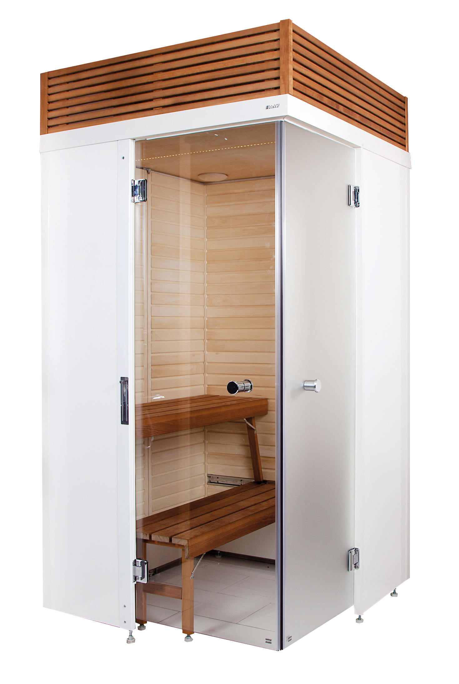 Sauna SmartFold com porta de vidro e banco de madeira.