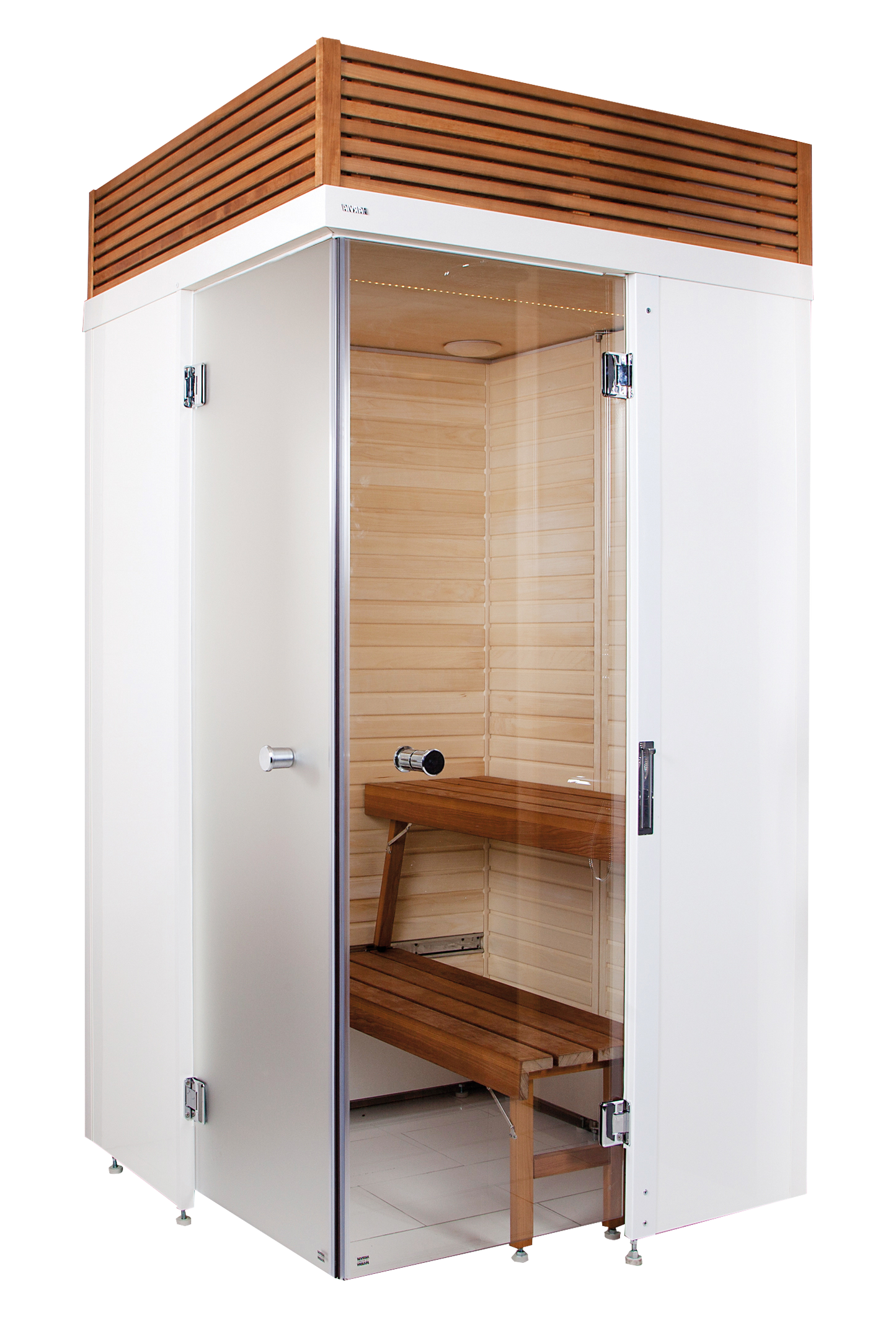 Sauna Smart Fold com design dobrável e banco de madeira.