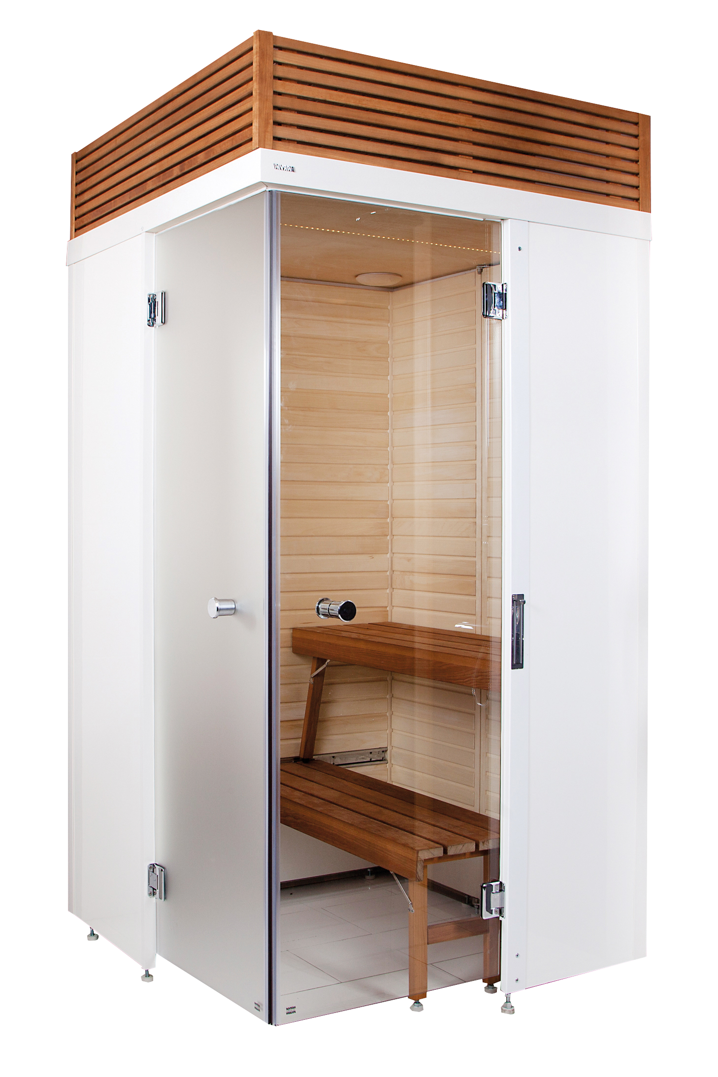 Sauna Smart Fold com design dobrável e banco de madeira.