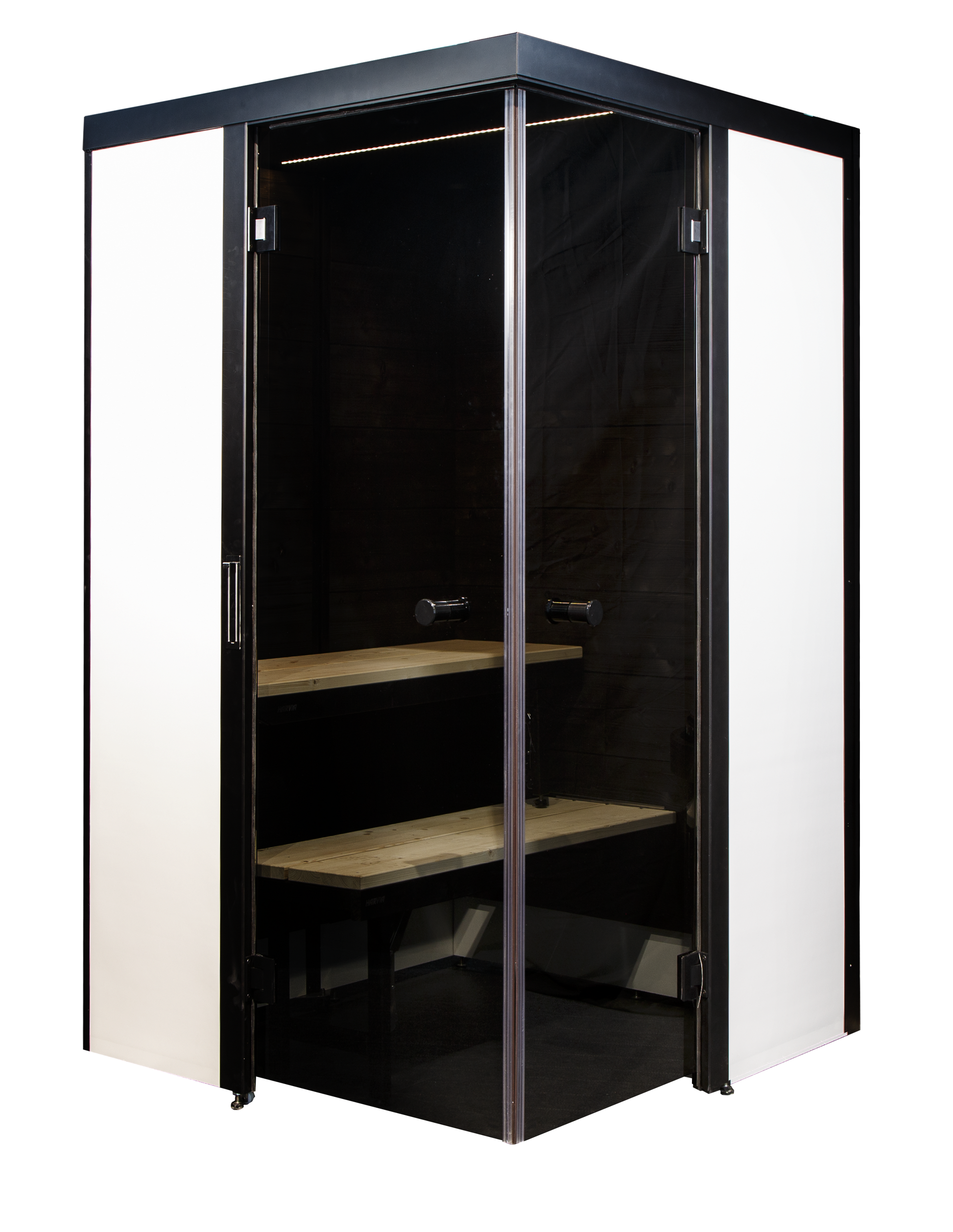 Sauna Smart Fold compacta com portas de vidro.