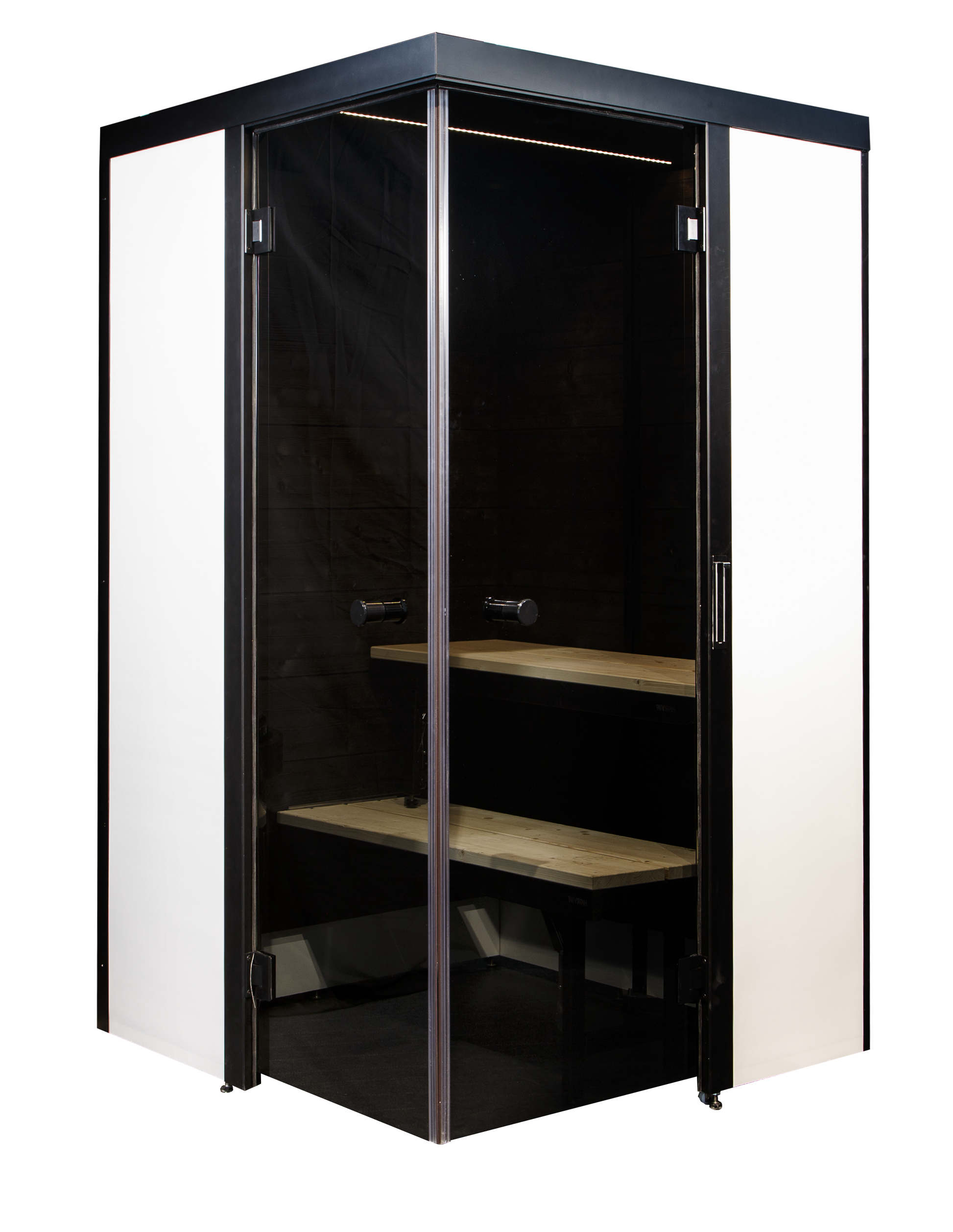 Sauna Smart Fold com porta de vidro e banco interno.