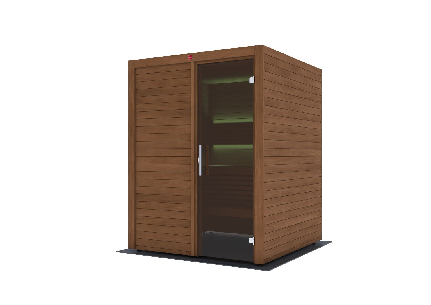 Sauna Utu: cabine de madeira com porta de vidro e bancos internos.