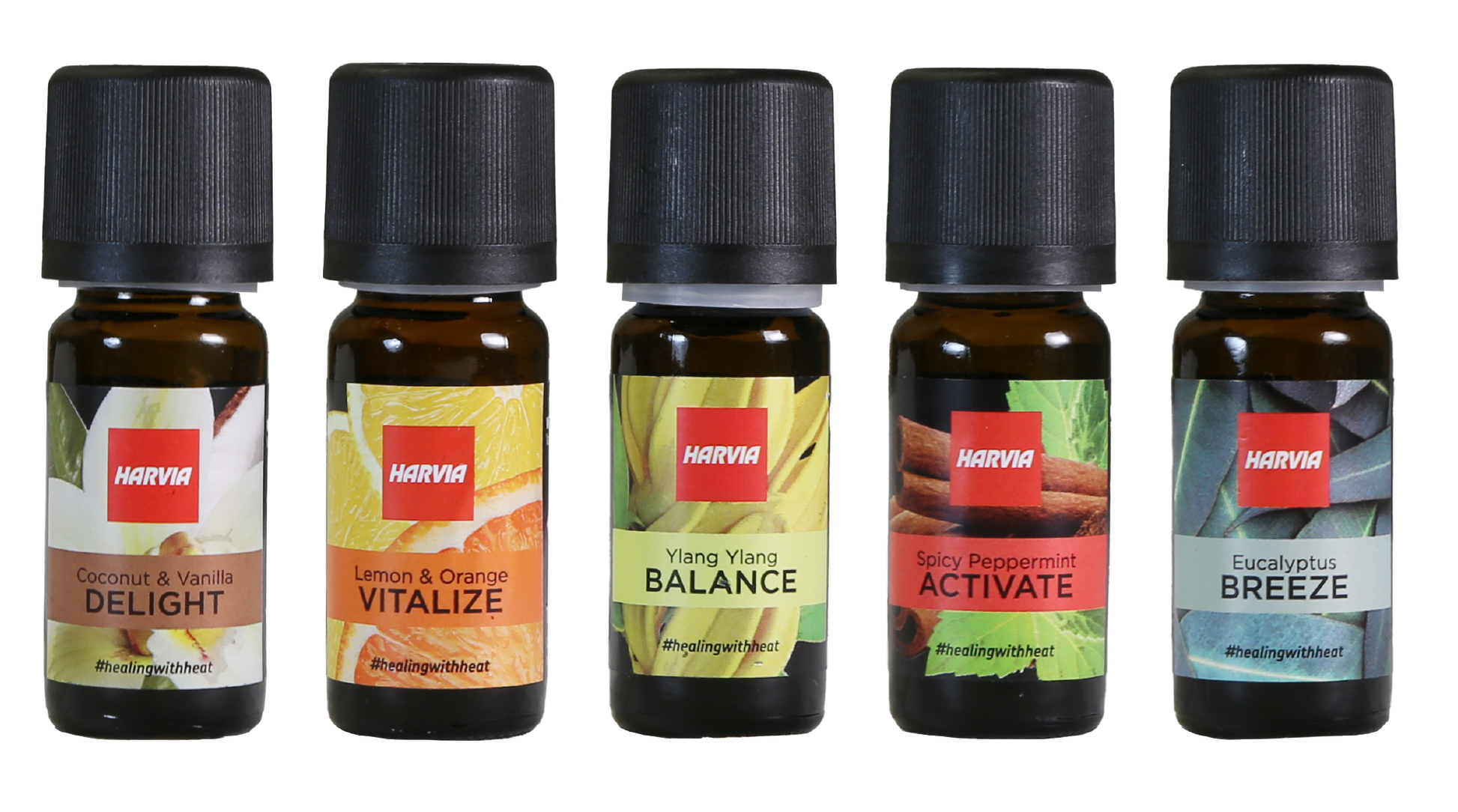 Aromas para Sauna e Vapor Harvia, conjunto de cinco frascos.