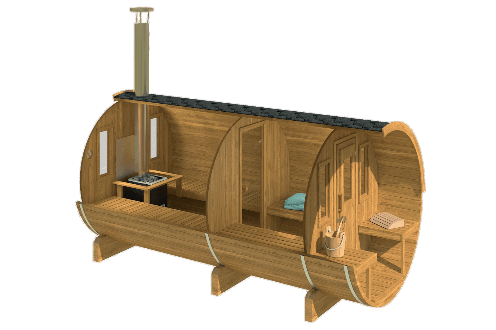 Saunamo Barrel 400: sauna em forma de barril com bancos e varanda.