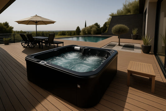 Vellamo Black Outdoor Spa on a modern terrace.