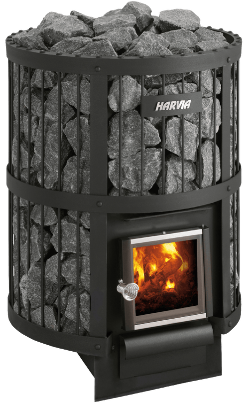Wood heater - Harvia Legend 240 with stones and visible flames.