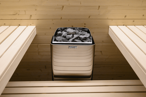 Harvia KIP electric heater with sauna stones.