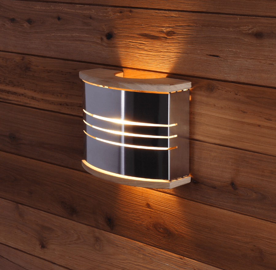 Harvia wall lamp in light wood and stainless steel.