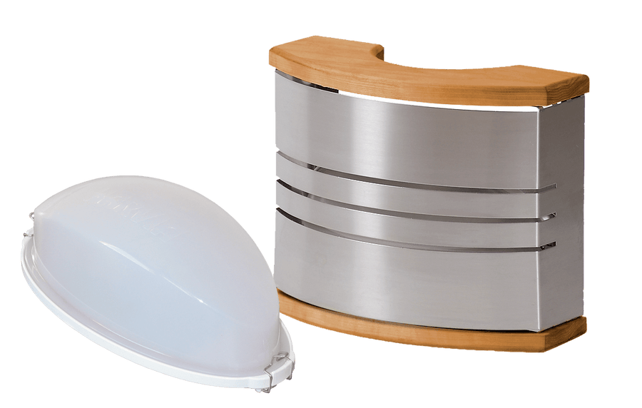 Harvia wall lamp in wood and stainless steel.