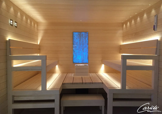Sauna Cariitti Linear LED de 2 m con bancos de madera.