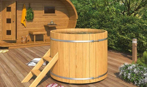 Cold Plunge ice bath with wooden ladder.