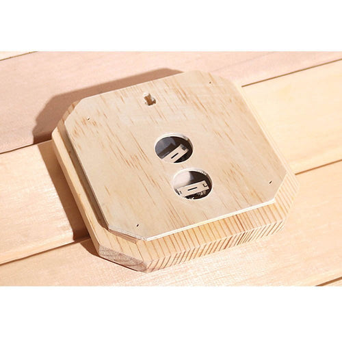 Set of wooden sauna accessories with holes.