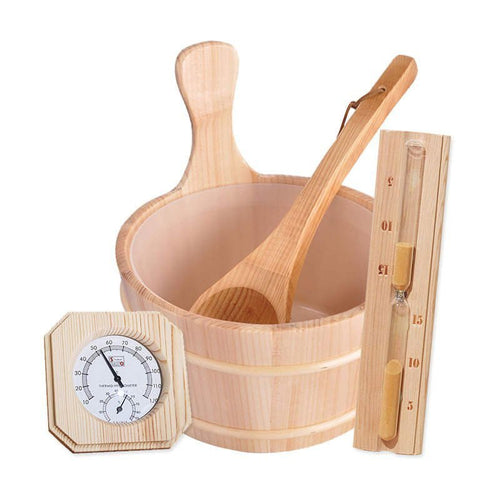 Sauna accessory set with bucket, ladle and thermometer.