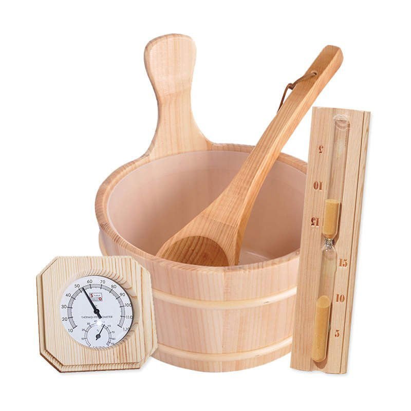 Sauna accessory set with bucket, ladle and thermometer.