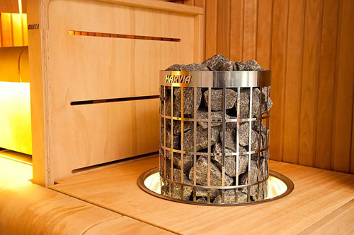 Harvia Electric Sauna Heater Cylinder in sauna.
