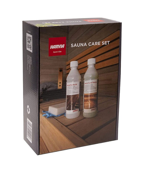 Harvia Maintenance Set with sauna care products.