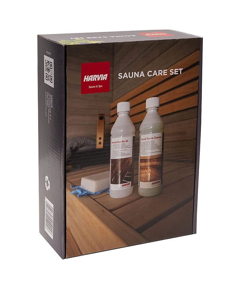 Harvia Maintenance Set with sauna care products.
