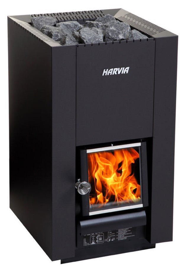Harvia Linear Compact 18 SET with visible fire in sauna.