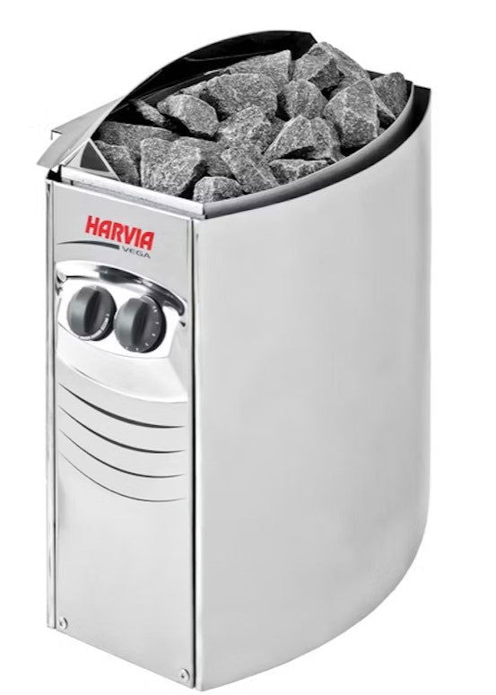 Harvia Vega electric heater with visible stones.