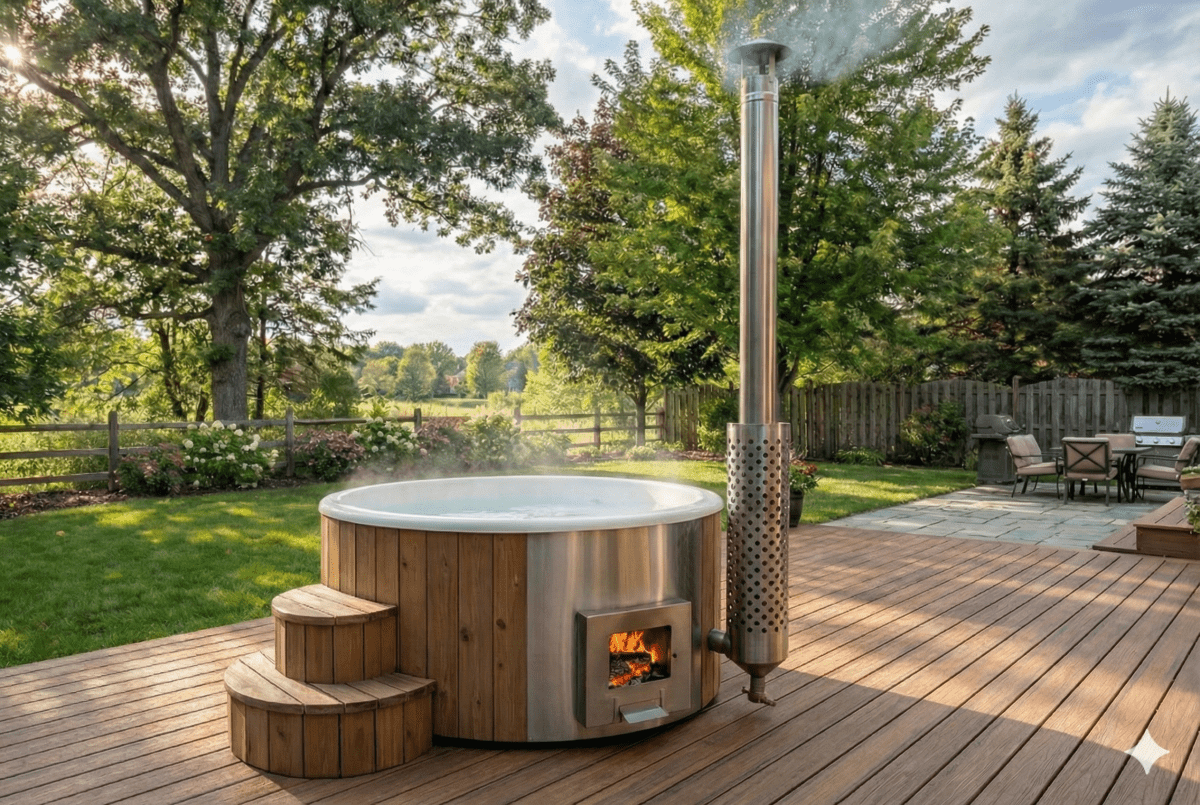 Vasca idromassaggio Therma 200 su terrazza in legno all'aperto.