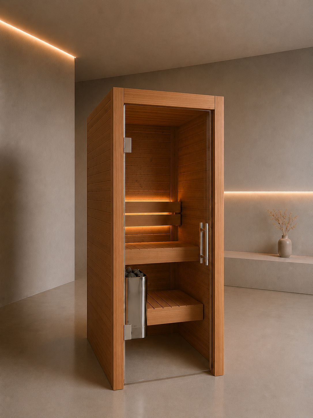Sauna Interior Koti 1 — vista de três quartos com porta de vidro e iluminação de banco