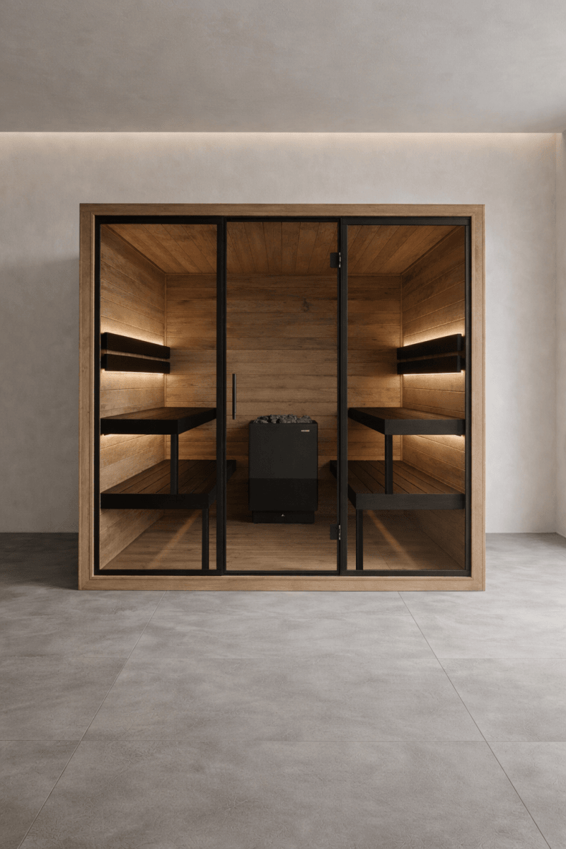 Thermo Black 220 Plus indoor sauna with a modern and spacious design.