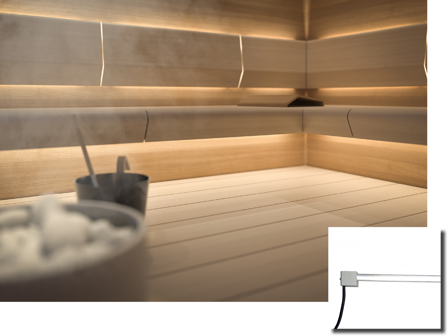 Cariitti Linear LED 2m em sauna com balde de sal.