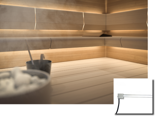 Cariitti Linear LED 2m em sauna com balde de sal.