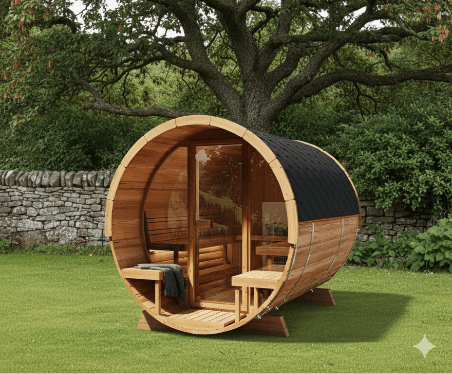 Sauna Barrel 280 Deluxe da esterno - Saunamo